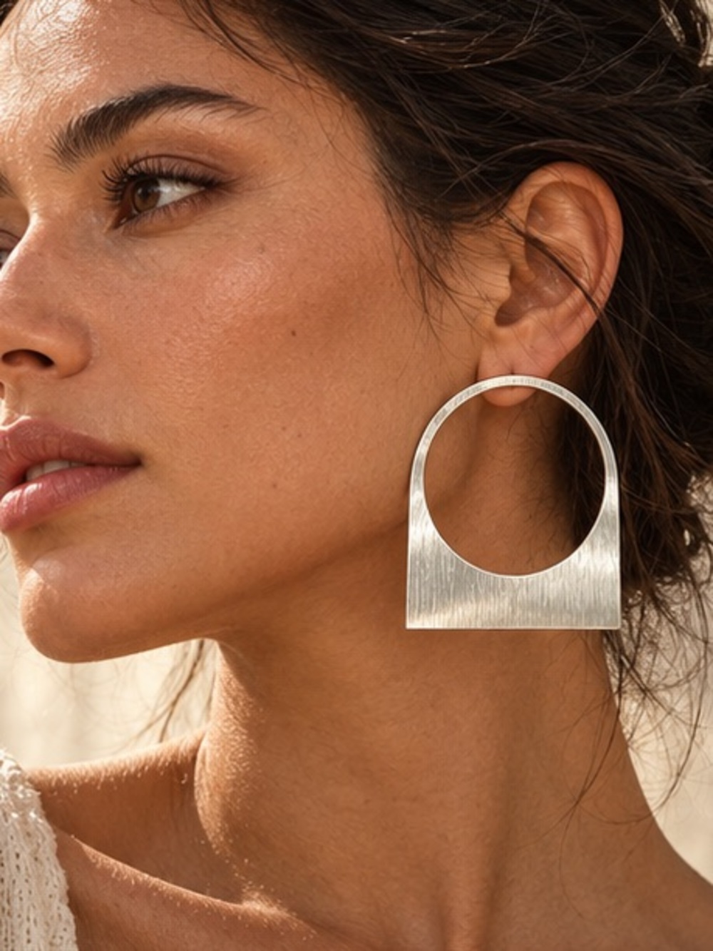 Silver Brushed Geometric Circle Cutout Statement Earrings